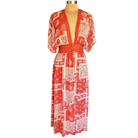 Blu Ivy Duster Kimono MED Rust White Asian Inspired Print Lace Button Waist Boho - Picture 1 of 11